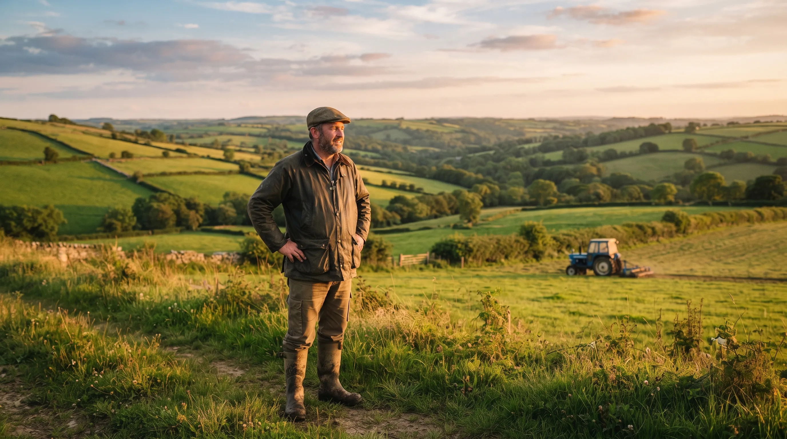 A British farmer standing on a hillside at golden hour, looking out over rolling green fields with a tractor working in the distance
